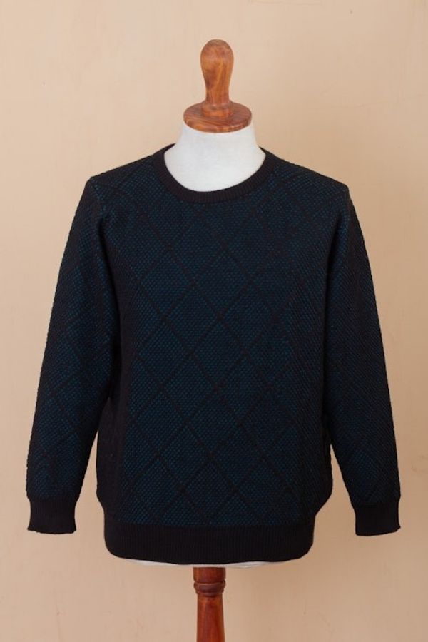 Alternate image for Mens Alpaca Blend Sweater in Black and Azure Made in Peru Textures  Azure Diamonds