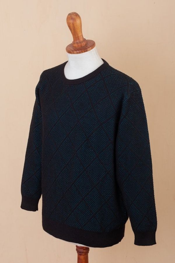 Alternate image for Mens Alpaca Blend Sweater in Black and Azure Made in Peru Textures  Azure Diamonds