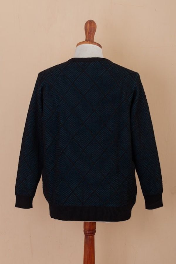 Alternate image for Mens Alpaca Blend Sweater in Black and Azure Made in Peru Textures  Azure Diamonds