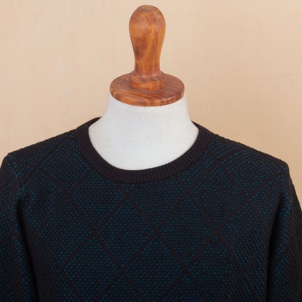 Alternate image for Mens Alpaca Blend Sweater in Black and Azure Made in Peru Textures  Azure Diamonds