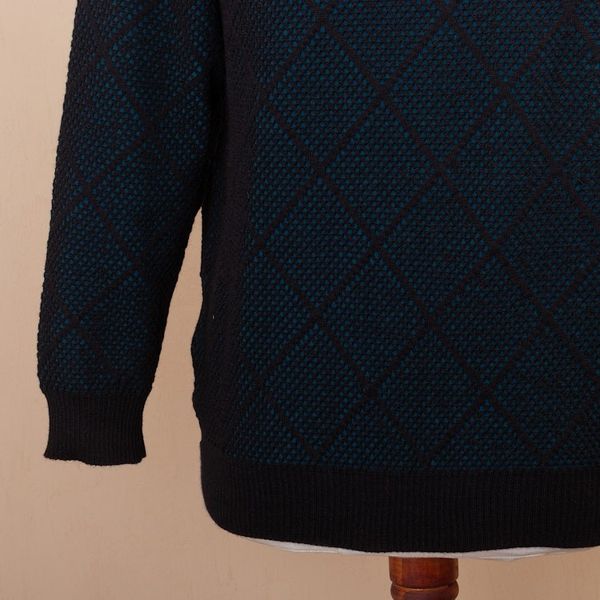 Alternate image for Mens Alpaca Blend Sweater in Black and Azure Made in Peru Textures  Azure Diamonds