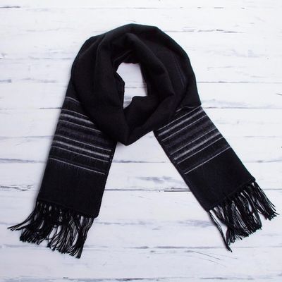 Alternate image for Artisan Crafted Woven Black Alpaca Blend Scarf for Men Andean Clouds in Black