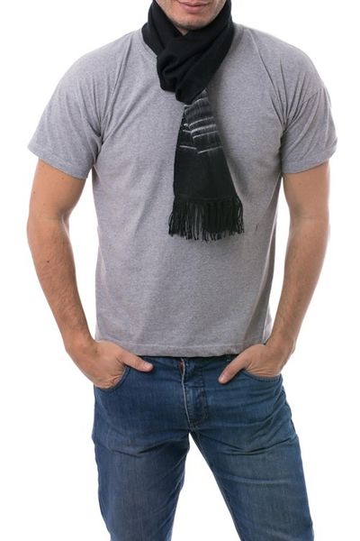Alternate image for Artisan Crafted Woven Black Alpaca Blend Scarf for Men Andean Clouds in Black