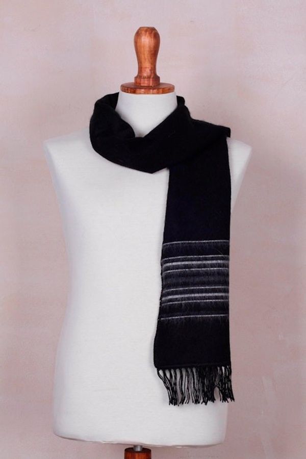 Alternate image for Artisan Crafted Woven Black Alpaca Blend Scarf for Men Andean Clouds in Black