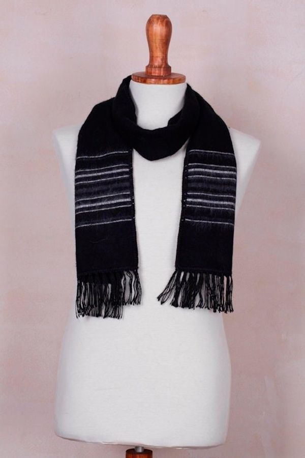 Alternate image for Artisan Crafted Woven Black Alpaca Blend Scarf for Men Andean Clouds in Black