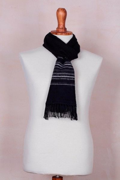 Alternate image for Artisan Crafted Woven Black Alpaca Blend Scarf for Men Andean Clouds in Black
