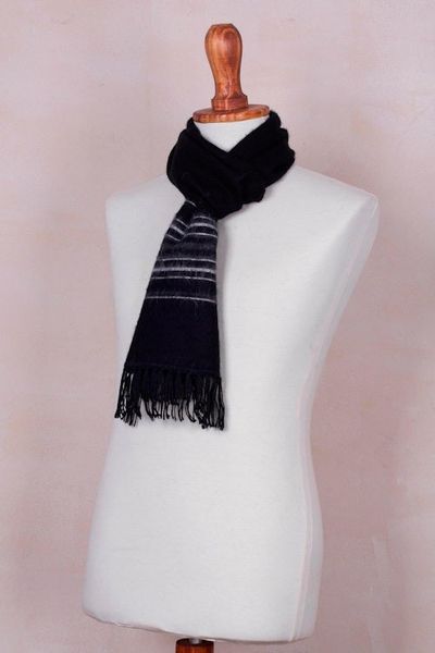 Alternate image for Artisan Crafted Woven Black Alpaca Blend Scarf for Men Andean Clouds in Black