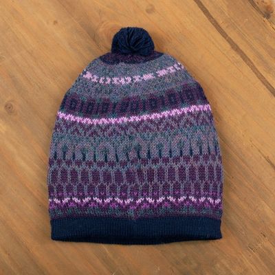 Alternate image for Handcrafted Geometric Patterned Purple 100 Alpaca Knit Hat Geometric Scapes in Purple