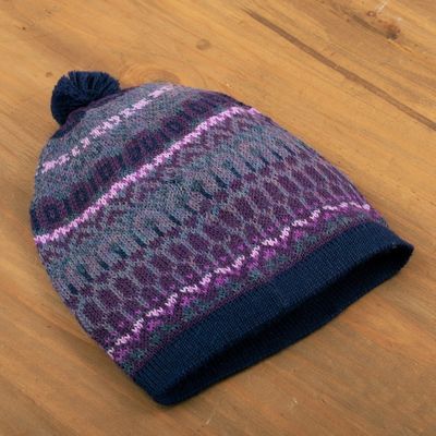 Alternate image for Handcrafted Geometric Patterned Purple 100 Alpaca Knit Hat Geometric Scapes in Purple
