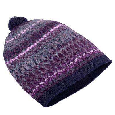 Alternate image for Handcrafted Geometric Patterned Purple 100 Alpaca Knit Hat Geometric Scapes in Purple