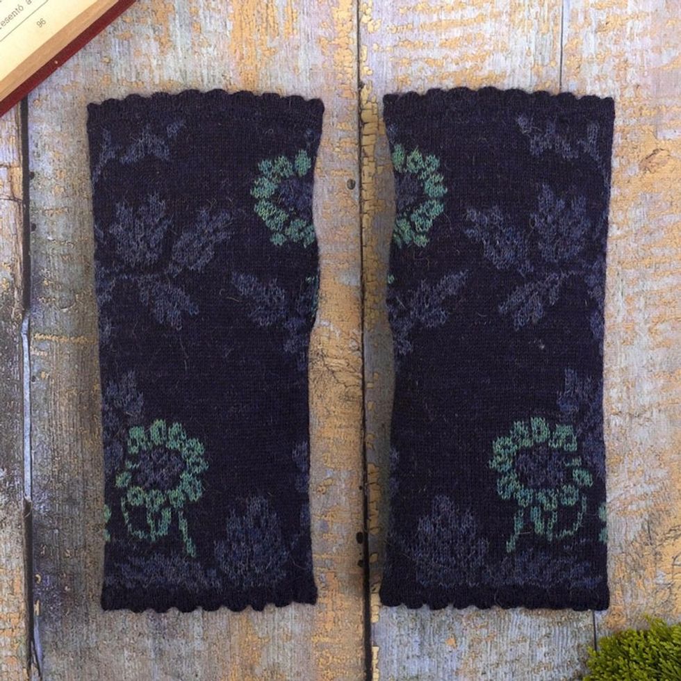 Knit 100 Alpaca Floral Fingerless Mitts 'Blue Dream Garden'