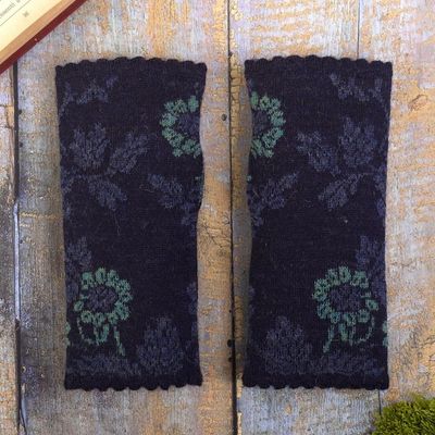 Alternate image for Knit 100 Alpaca Floral Fingerless Mitts Blue Dream Garden