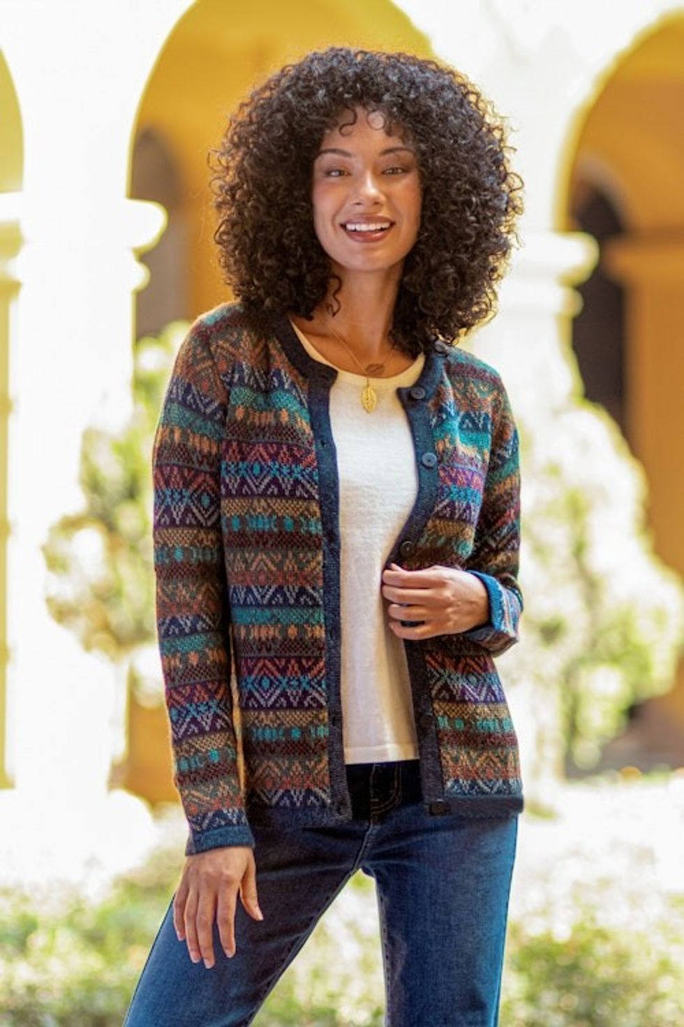 100 Alpaca Wool Multicolor Cardigan with Buttons 'Diamond Variety'