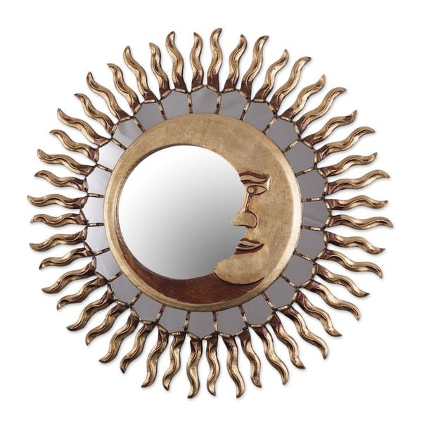 Alternate image for Sun and Moon Themed Bronze Leaf Wood Wall Mirror Cuzco Eclipse