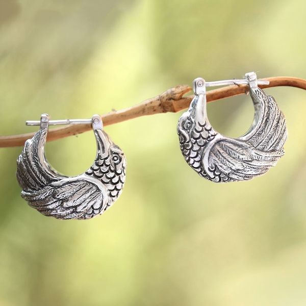 Alternate image for Sterling Silver Kingfisher Feathered Bird Half-Hoop Earrings Kingfisher