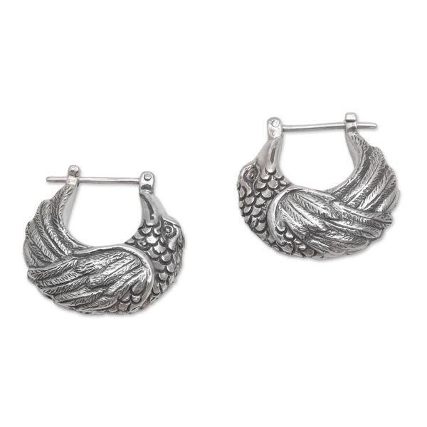 Alternate image for Sterling Silver Kingfisher Feathered Bird Half-Hoop Earrings Kingfisher
