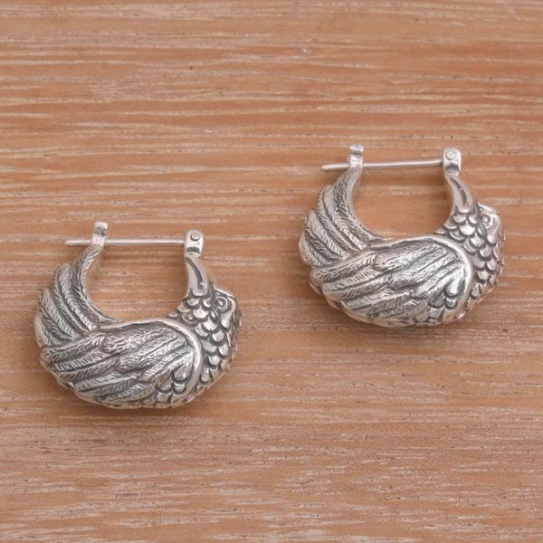 Alternate image for Sterling Silver Kingfisher Feathered Bird Half-Hoop Earrings Kingfisher