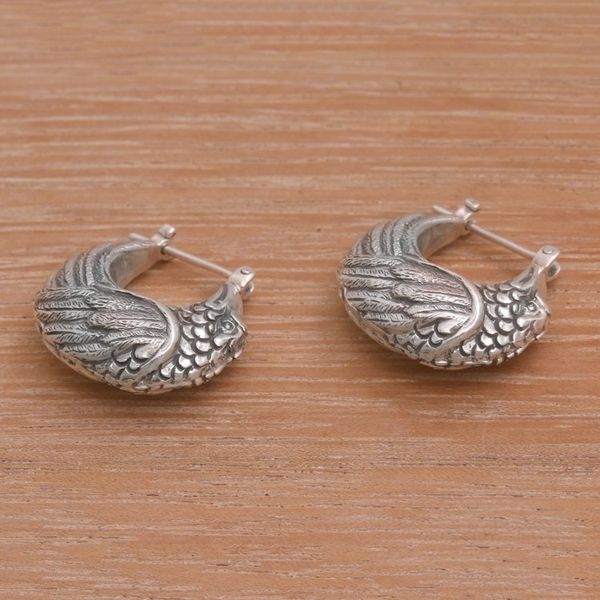 Alternate image for Sterling Silver Kingfisher Feathered Bird Half-Hoop Earrings Kingfisher
