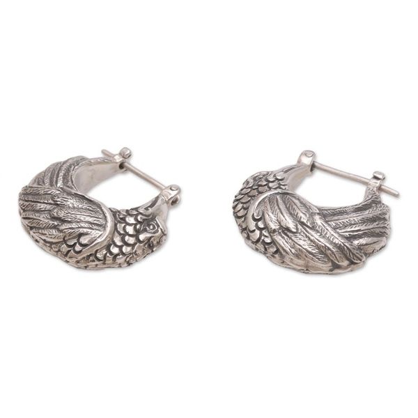 Alternate image for Sterling Silver Kingfisher Feathered Bird Half-Hoop Earrings Kingfisher