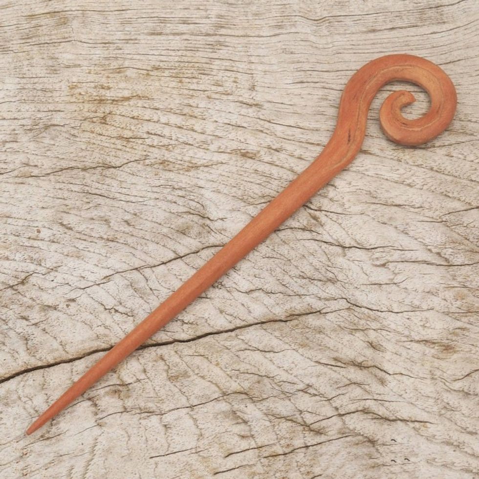 Light Brown Sawo Wood Spiral Motif Hair Pin from Bali 'Light Brown Spiral'