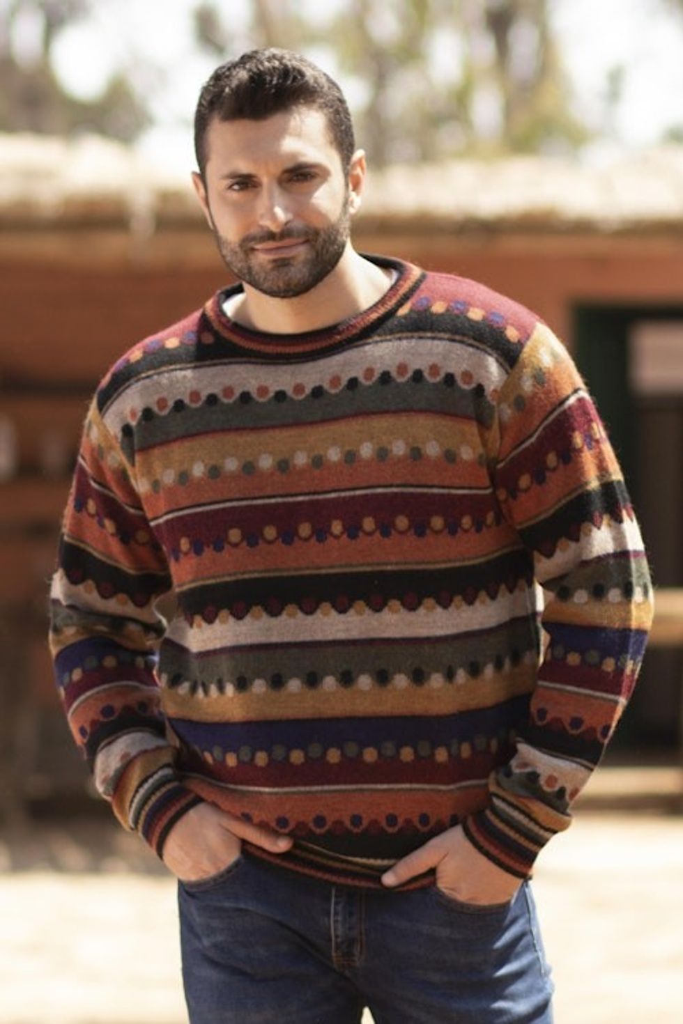 Men's Striped 100 Alpaca Pullover Sweater from Peru 'Autumnal Andes'