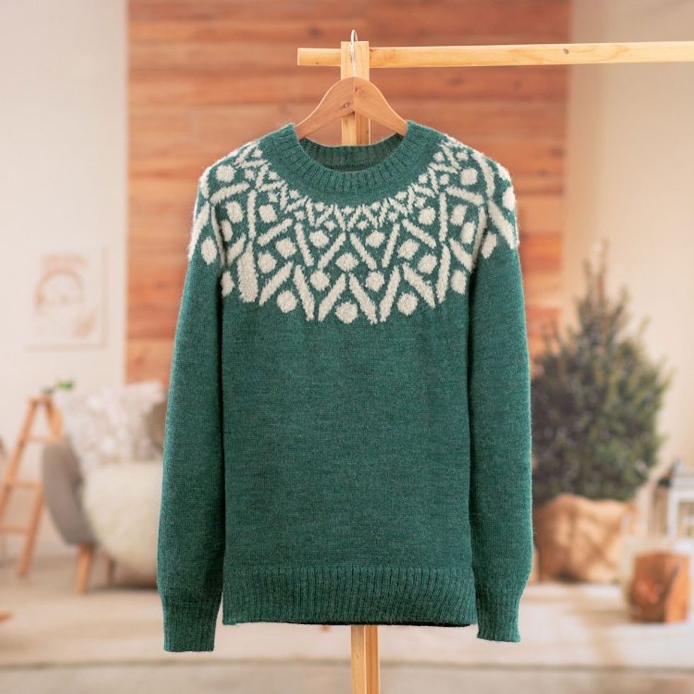 Jade and Ivory 100 Alpaca Pullover Sweater from Peru 'Jade Geometry'