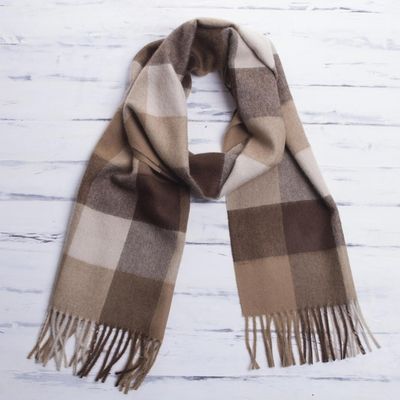 Alternate image for Unique Alpaca Wool Patterned Scarf Brown Squared