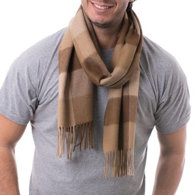Alternate image for Unique Alpaca Wool Patterned Scarf Brown Squared