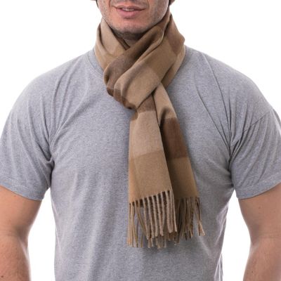 Alternate image for Unique Alpaca Wool Patterned Scarf Brown Squared