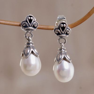 Alternate image for Sterling Silver Pearl Dangle Earrings White Lotus Bud