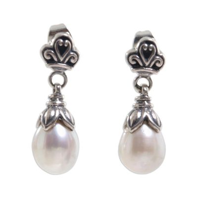 Alternate image for Sterling Silver Pearl Dangle Earrings White Lotus Bud