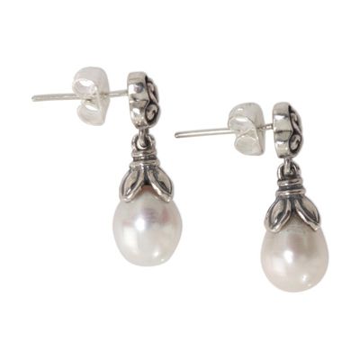 Alternate image for Sterling Silver Pearl Dangle Earrings White Lotus Bud