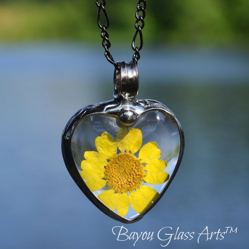 Sunflower Heart Pendant Necklace for Women, Real Pressed Flower Jewelry