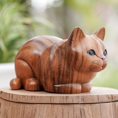 Alternate image for Hand Painted Suar Wood Cat Statuette Lazy Cat