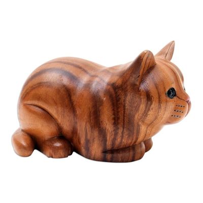 Alternate image for Hand Painted Suar Wood Cat Statuette Lazy Cat
