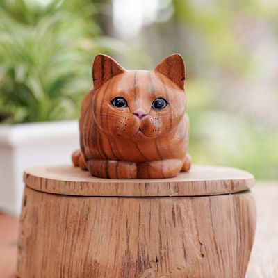 Alternate image for Hand Painted Suar Wood Cat Statuette Lazy Cat