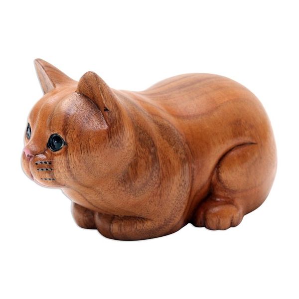 Alternate image for Hand Painted Suar Wood Cat Statuette Lazy Cat