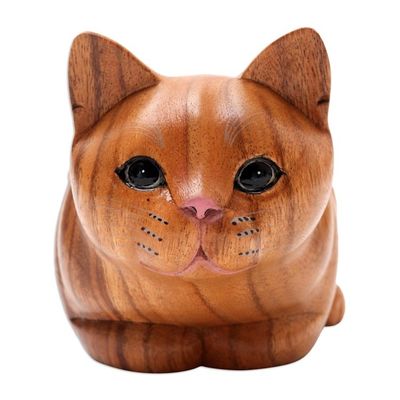 Alternate image for Hand Painted Suar Wood Cat Statuette Lazy Cat