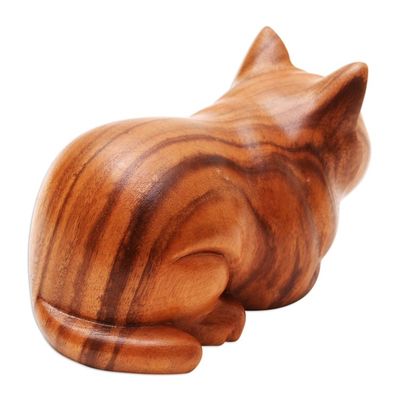 Alternate image for Hand Painted Suar Wood Cat Statuette Lazy Cat