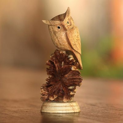 Alternate image for Jempinis Wood Owl Sculpture from Bali Perched Owl