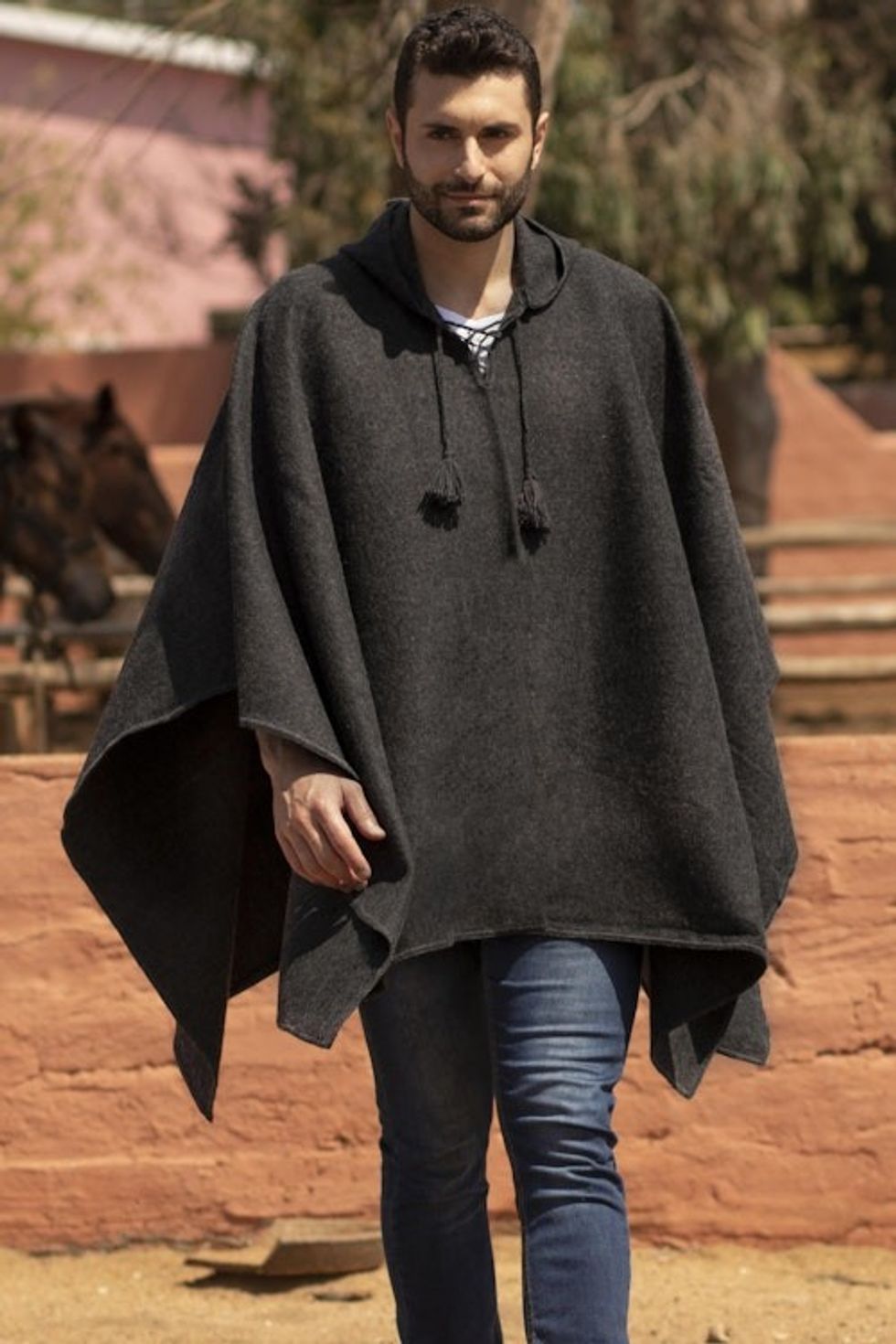 Graphite Grey Alpaca Blend Hooded Poncho for Men 'Highlands Grey'