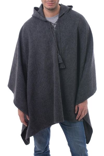 Alternate image for Graphite Grey Alpaca Blend Hooded Poncho for Men Highlands Grey