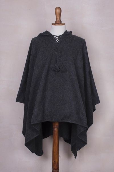 Alternate image for Graphite Grey Alpaca Blend Hooded Poncho for Men Highlands Grey