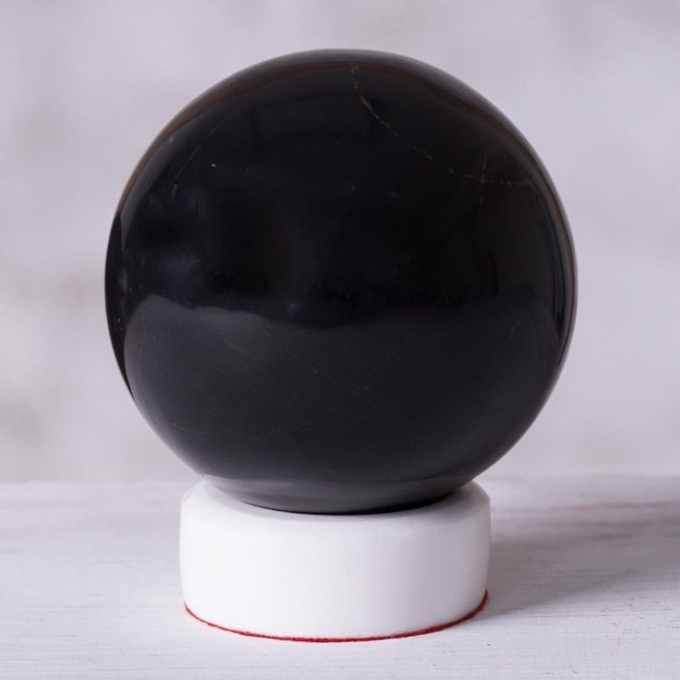 Onyx Sphere Sculpture with Calcite Base 'World of Shadows'