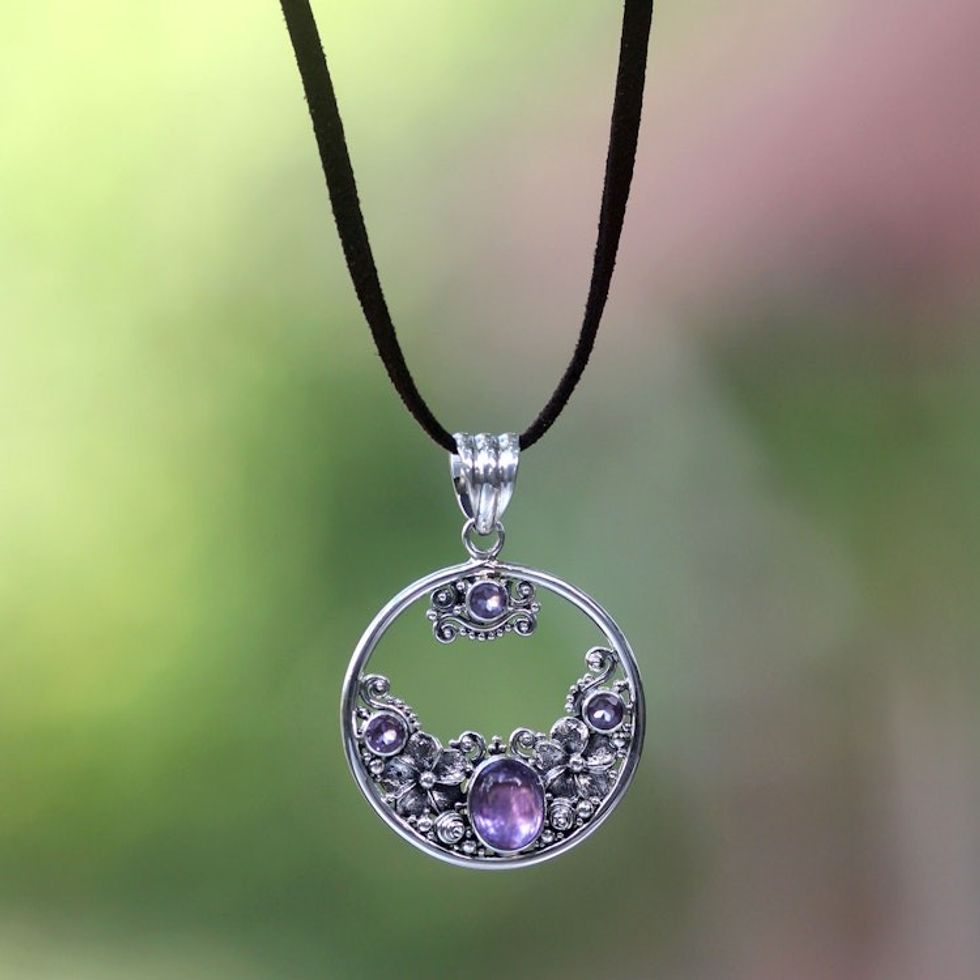 Amethyst and Sterling Silver Necklace Bali Jewelry 'Frangipani Moon'