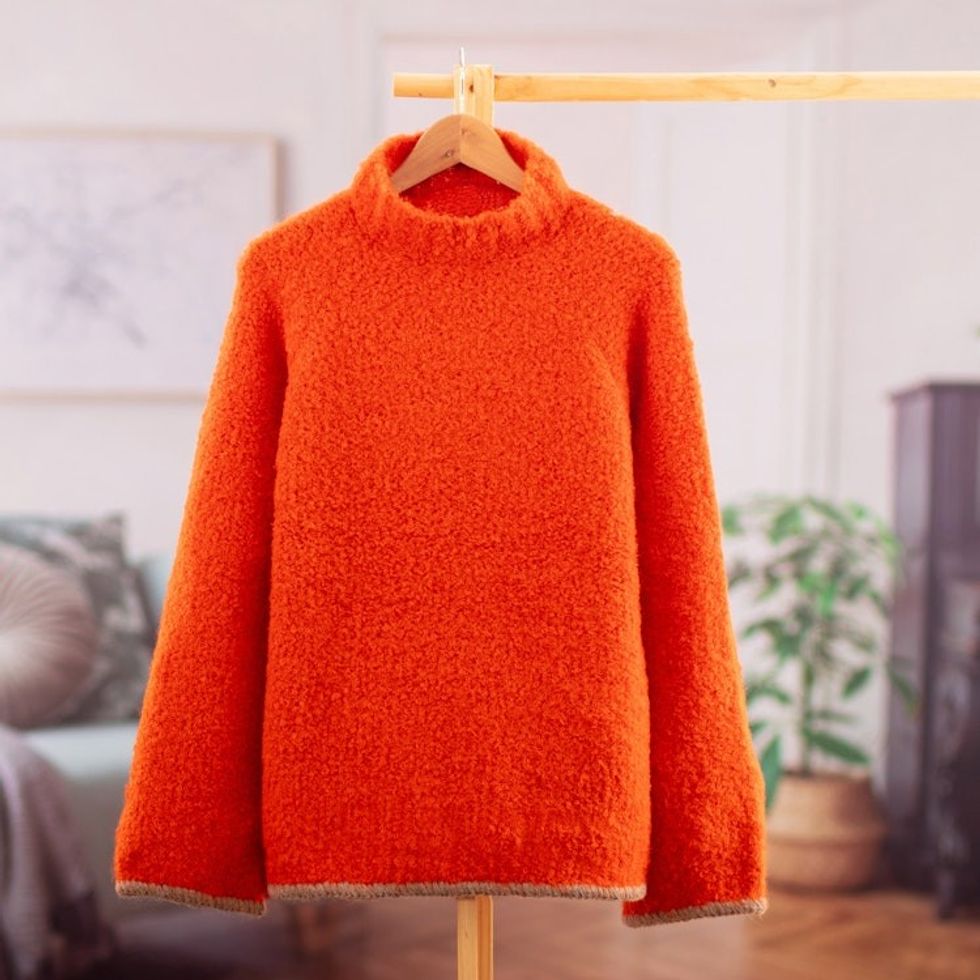 Funnel Neck Alpaca Blend Sweater in Orange and Grey Hues 'Sumptuous Warmth in Orange'