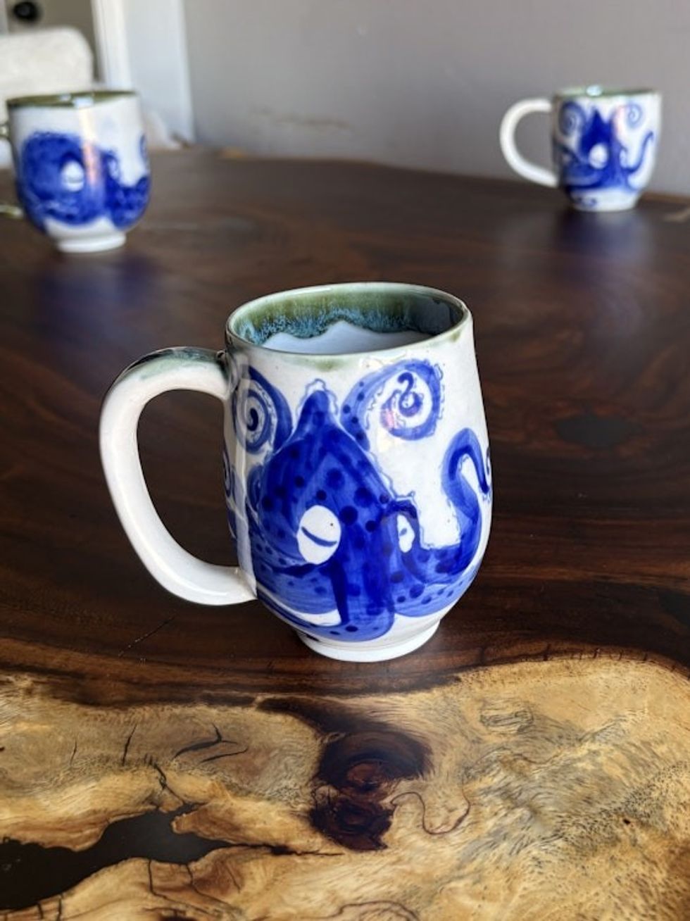 Hand-painted octopus mug - porcelain and cobalt