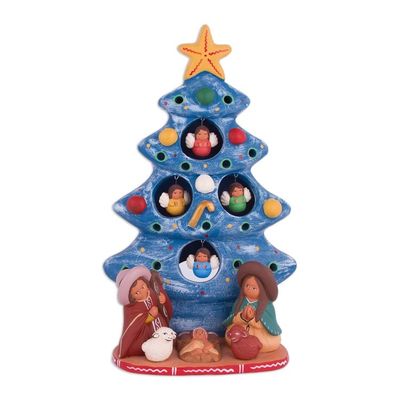 Alternate image for Ceramic Christmas Nativity Sculpture in Blue from Peru Birth Beneath the Blue Tree
