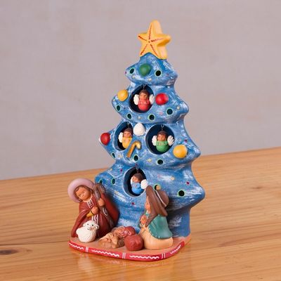 Alternate image for Ceramic Christmas Nativity Sculpture in Blue from Peru Birth Beneath the Blue Tree