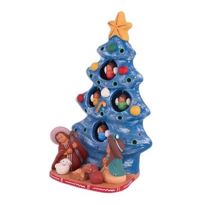 Alternate image for Ceramic Christmas Nativity Sculpture in Blue from Peru Birth Beneath the Blue Tree